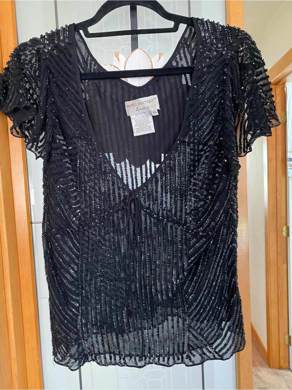 Papell Boutique Black Sequin Short-Sleeve V-Neck Blouse